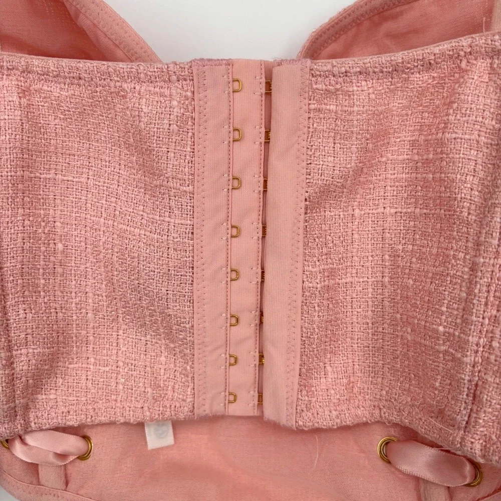 Anthropologie Tweed Corset Bustier Top Sz XL Pink Ribbons Feminine Sexy Romantic - Picture 11 of 14